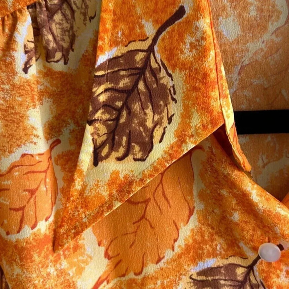 Vintage 70s Dagger Point Collar Orange Leaf Print Nylon Blouse - Picture 2 of 5